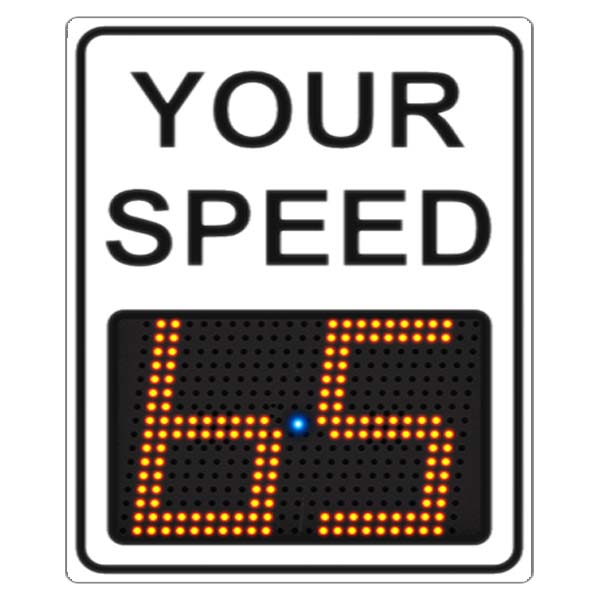 Radarsign TC-1100 Radar Speed Sign with 18-inch LED display showing '45', enhanced with a blue blinky light, compatible with flashing beacons.