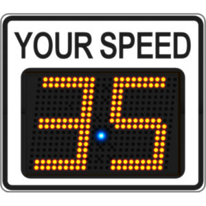 Radarsign Radar Speed Sign with white faceplate and 11-inch LED display showing speed '35'.