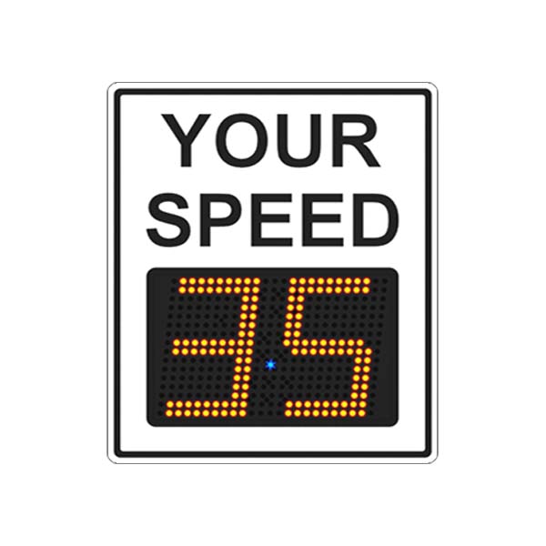 Radarsign TC-600 Radar Speed Sign with 13-inch LED display showing speed '35' against a grey background, compatible with flashing beacons.