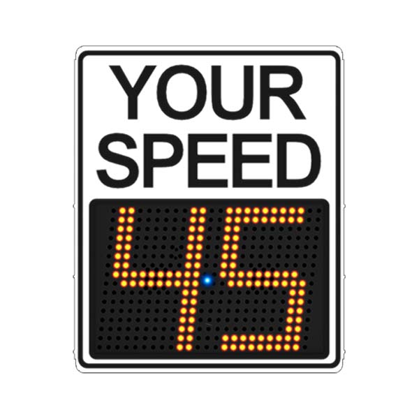 Radarsign TC-800 Radar Speed Sign with 15-inch LED display showing speed '45' and a blue blinky light, compatible with flashing beacons.