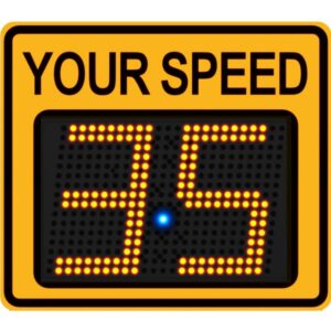 Radarsign Radar Speed Sign with orange faceplate and 11-inch LED display showing speed '35'.