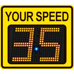 Radarsign Radar Speed Sign with yellow faceplate and 11-inch LED display showing speed '35'.