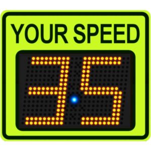 Radarsign Radar Speed Sign with school zone yellow/green fluorescent faceplate and 11-inch LED display showing speed '35'.