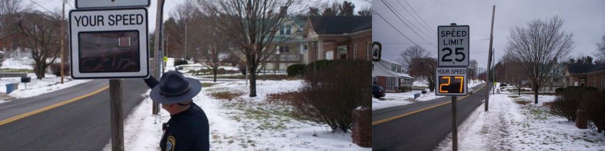 Police officer monitoring a Radarsign radar speed sign on a snowy residential street, showcasing its role in promoting safer driving habits and speed compliance in winter conditions.