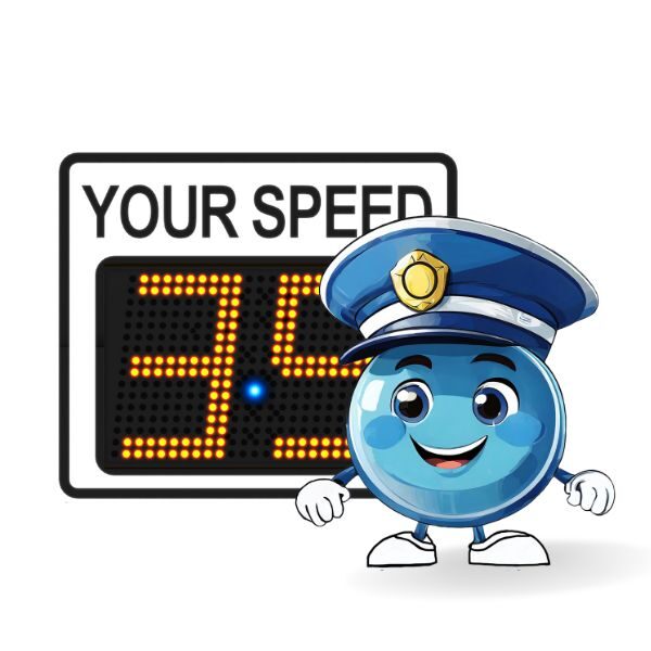 Radarsign Radar Speed Sign with white faceplate, Radarsign Blue Blinky Blue LED, and 11-inch LED display showing speed '35'.